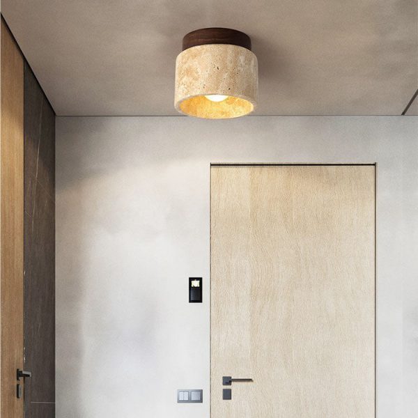 Modern Minimalist Cylinder Oval Dish Yellow Travertine 1-Light Semi-Flush Mount Ceiling Light For Living Room - Image 3
