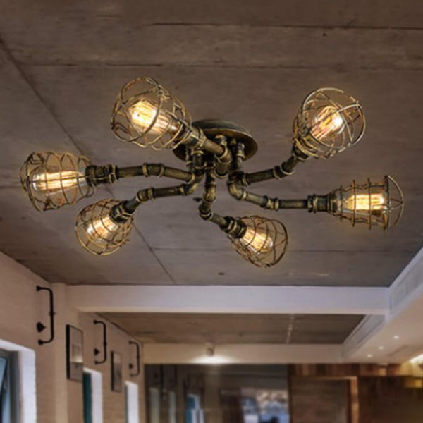 Industrial Vintage Water Pipe Round Iron 4/6/8 Light Flush Mount Ceiling Light - Image 17