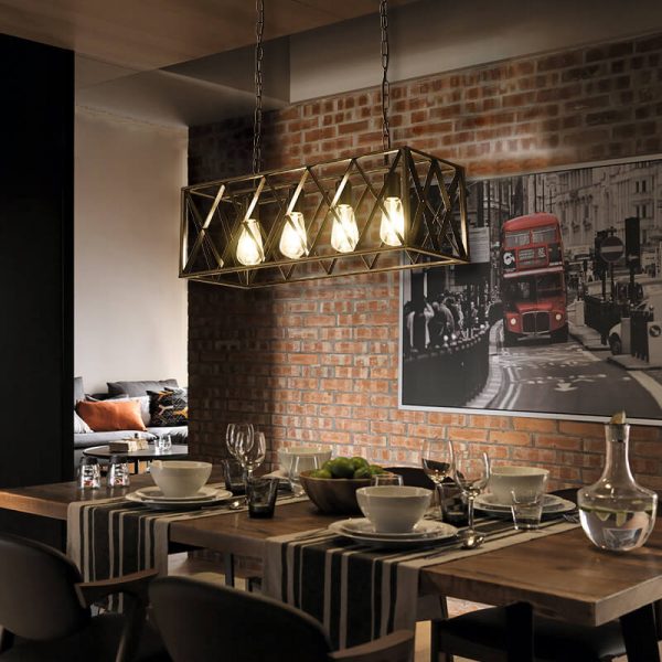 Traditional Farmhouse Rectangular Geometric Iron Cage 4/6 Light Island Light Chandelier For Dining Room