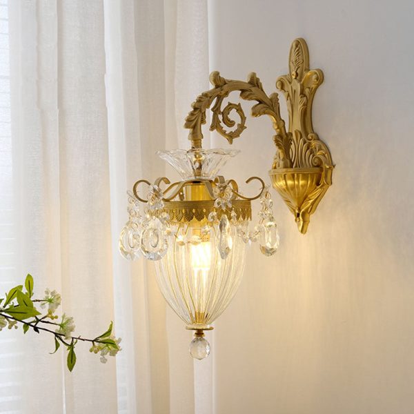 Traditional French Court Lantern Brass Crystal 1/2 Light Wall Sconce Lamp For Living Room - Image 6