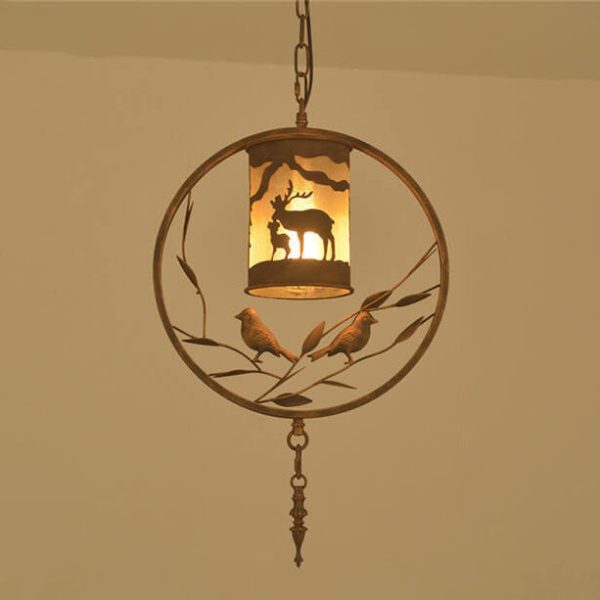 Traditional Vintage Round Trapezoidal Animal Iron 1-Light Pendant Light For Living Room - Image 15
