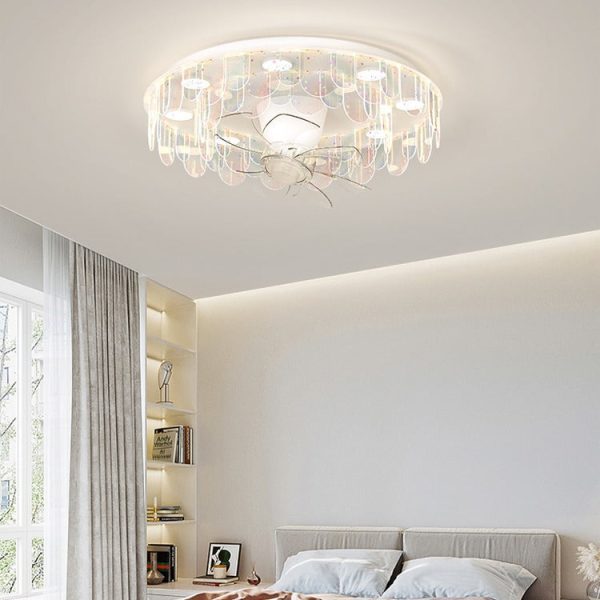 Contemporary Creative Iron Acrylic Round Piece LED Flush Mount Ceiling Fan Light For Living Room