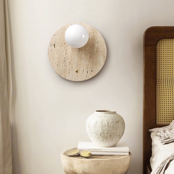 Traditional Japanese Round Oval Yellow Travertine 1-Light Wall Sconce Lamp For Bedroom - Image 8