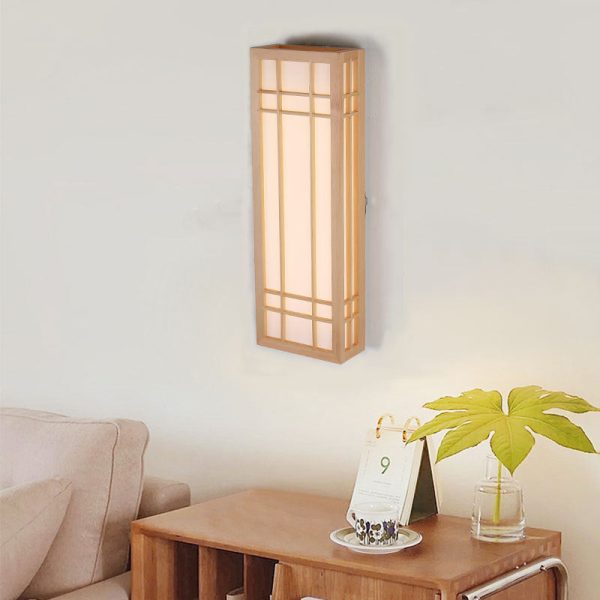 Traditional Japanese Rectangle Solid Wood Acrylic LED Wall Sconce Lamp For Bedroom - Image 10