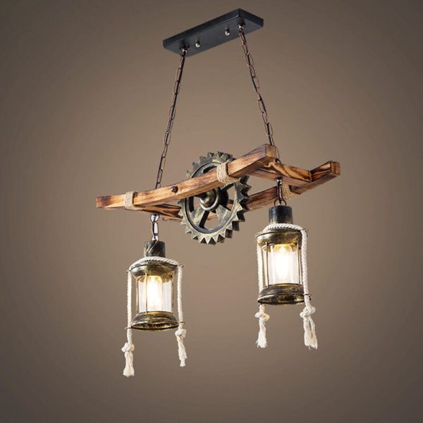 Vintage Industrial Wooden Metal 2-Light Island Light Chandelier - Image 8