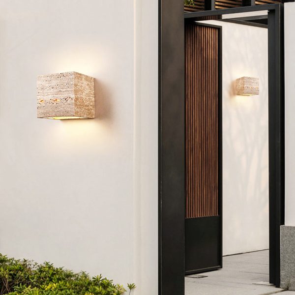Traditional Japanese Waterproof Yellow Travertine Square LED Wall Sconce Lamp For Hallway - Image 2