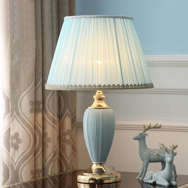 Traditional European Pleated Fabric Shade Ceramic Column Base 1-Light Table Lamp For Study - Image 10