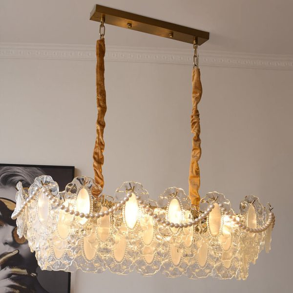 French Vintage Rectangular Pearl Glass 8-Light Island Light Chandelier - Image 2