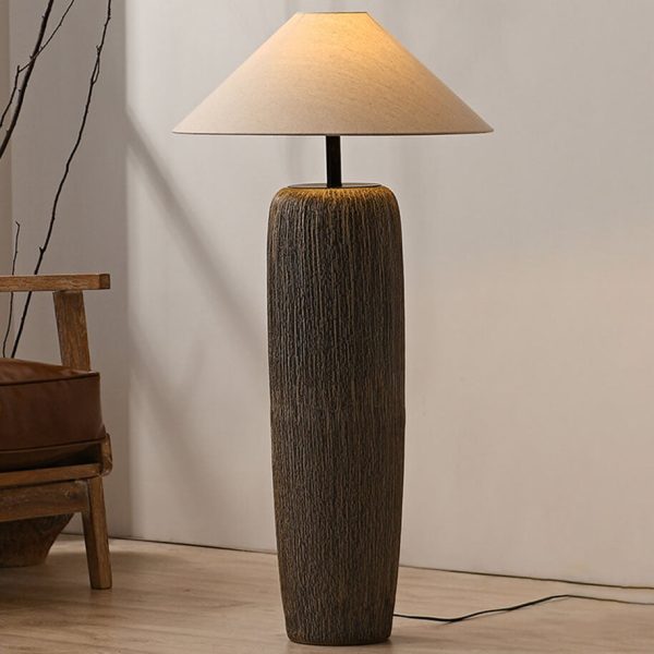 Japanese Wabi-sabi Fabric Shade Ceramic Column Base 1-Light Standing Floor Lamp - Image 3