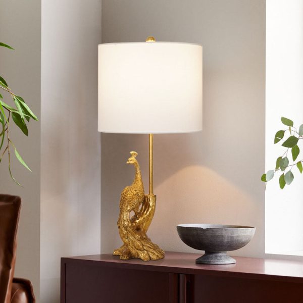 Traditional Vintage Cylindrical Peacock Resin Gold Foil Fabric 1-Light Table Lamp For Bedroom - Image 12