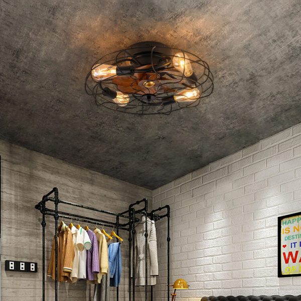 Industrial Vintage Wood Grain Drum Cage Design 3-Light Flush Mount Ceiling Fan Light - Image 11