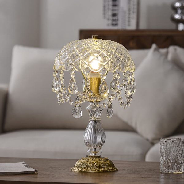French Luxury Clear Crystal Round Tassel Copper 1-Light Table Lamp - Image 4