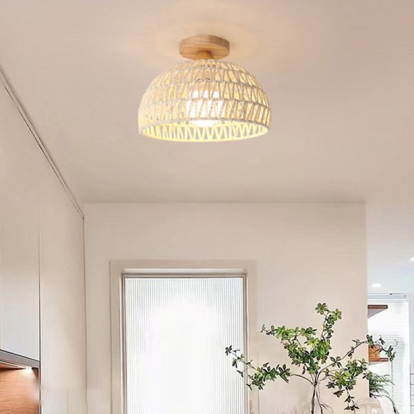 Traditional Japanese Half Round Solid Wood Rattan 1-Light Semi-Flush Mount Ceiling Light For Living Room - Image 3