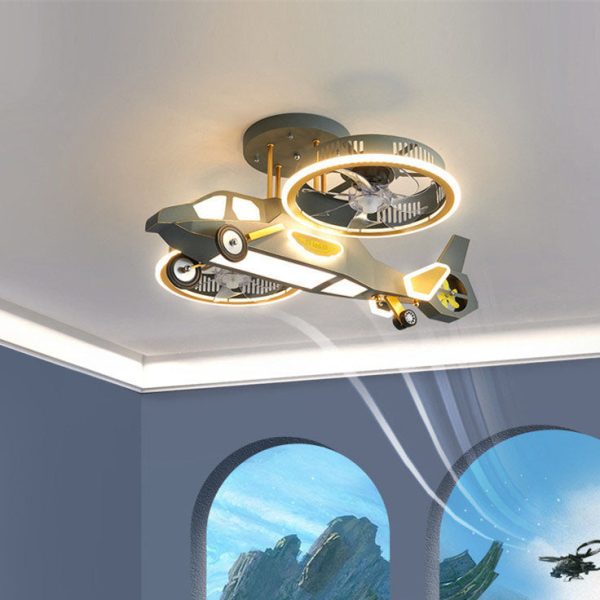 Contemporary Creative Hardware Kids Aircraft LED DownrodsCeilingFanLight For Bedroom