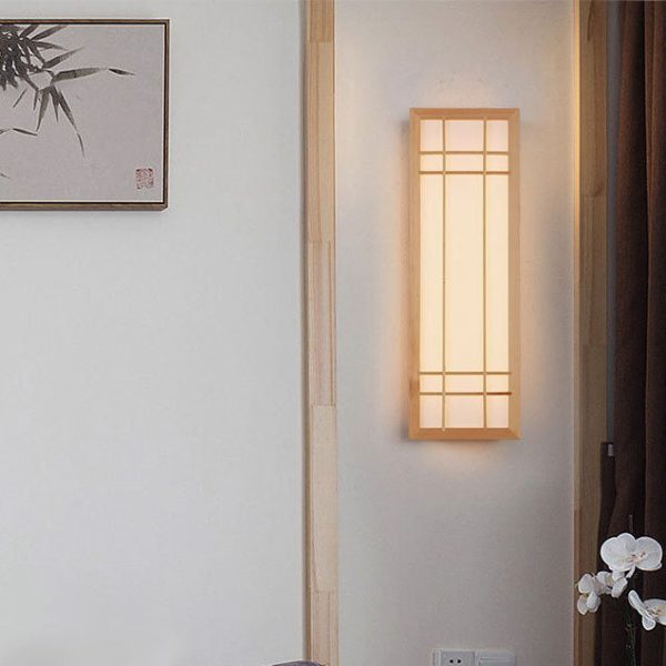 Traditional Japanese Rectangle Solid Wood Acrylic LED Wall Sconce Lamp For Bedroom - Image 12