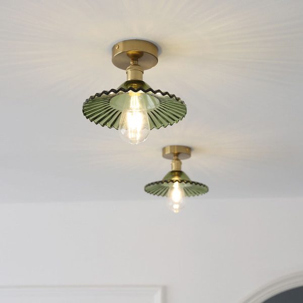 Japanese Vintage Glass Brass Lotus 1-Light Semi-Flush Mount Ceiling Light - Image 2
