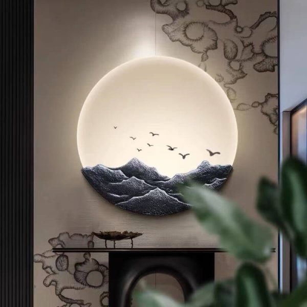 Chinese Classical Three-Dimensional Sculpture Resin Mountain Acrylic Round LED Wall Sconce Lamp - Image 4