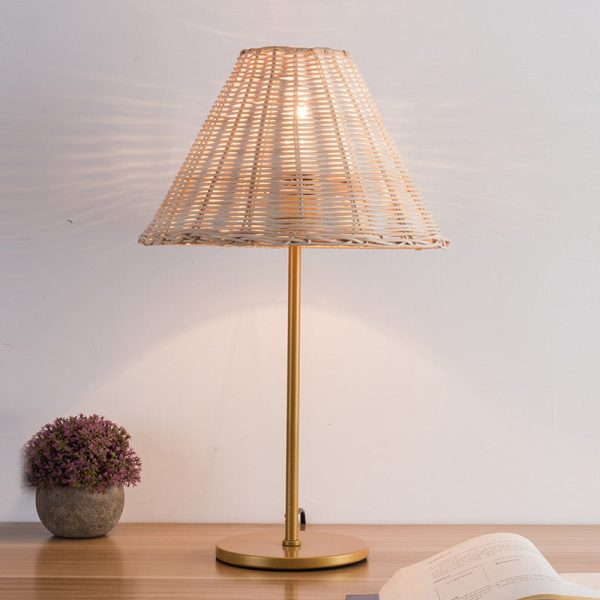 Contemporary Boho Round Trapezoidal Cylinder Base Rattan Metal 1-Light Table Lamp For Bedroom - Image 9