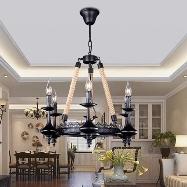 Traditional Vintage Round Candelabra Iron Hemp Rope 3/6/8 Light Chandelier For Living Room - Image 2