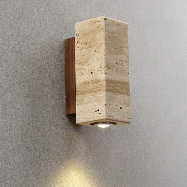 Japanese Wabi-Sabi Round Square Yellow Travertine Rubber Wood 1-Light Spotlight Wall Sconce Lamp - Image 5
