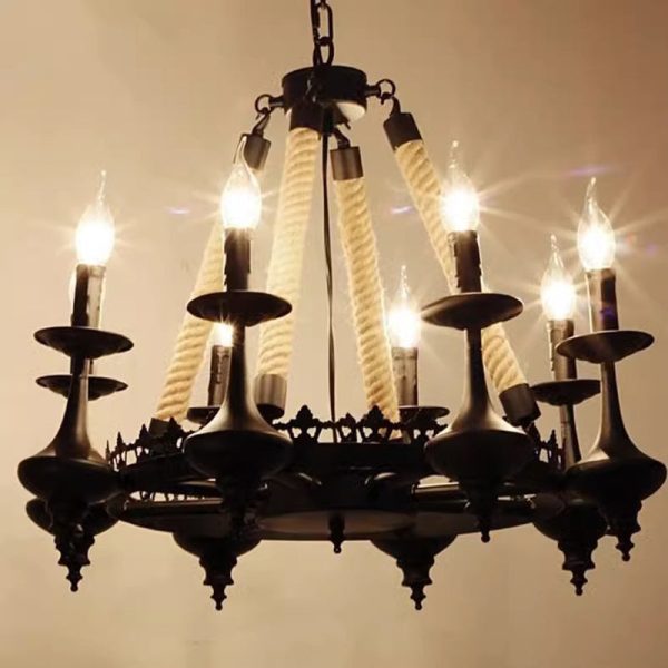 Traditional Vintage Round Candelabra Iron Hemp Rope 3/6/8 Light Chandelier For Living Room - Image 14