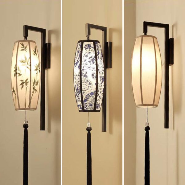 Chinese Vintage Painted Fabric Lantern Tassel 1-Light Wall Sconce Lamp - Image 8