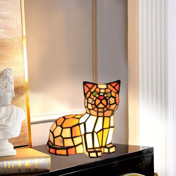 Traditional Tiffany Stained Glass Cat 1-Light Table Lamp For Bedroom - Image 12