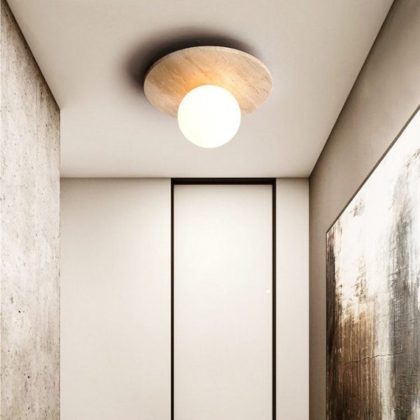 Modern Minimalist Cylinder Oval Dish Yellow Travertine 1-Light Semi-Flush Mount Ceiling Light For Living Room - Image 2