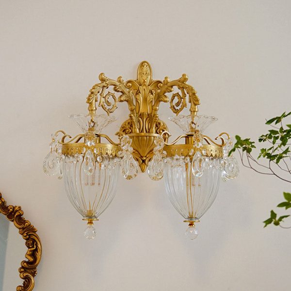 Traditional French Court Lantern Brass Crystal 1/2 Light Wall Sconce Lamp For Living Room - Image 9