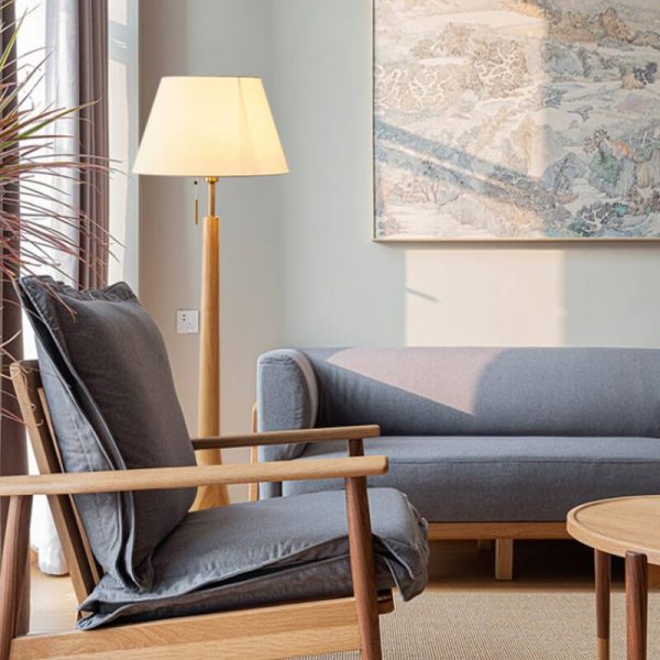 Scandinavian Modern Minimalist Solid Wood Base Fabric 1-Light Standing Floor Lamp - Image 6