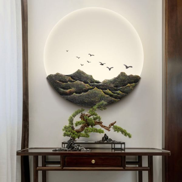 Chinese Classical Three-Dimensional Sculpture Resin Mountain Acrylic Round LED Wall Sconce Lamp - Image 3