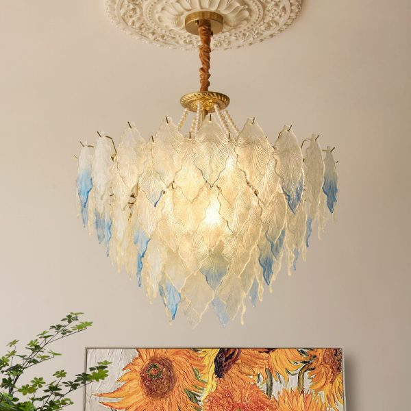 Traditional French Round Tree Leaf Blade Pearl Iron Copper Glass 3/6/9/12 Light Chandelier For Living Room - Image 10
