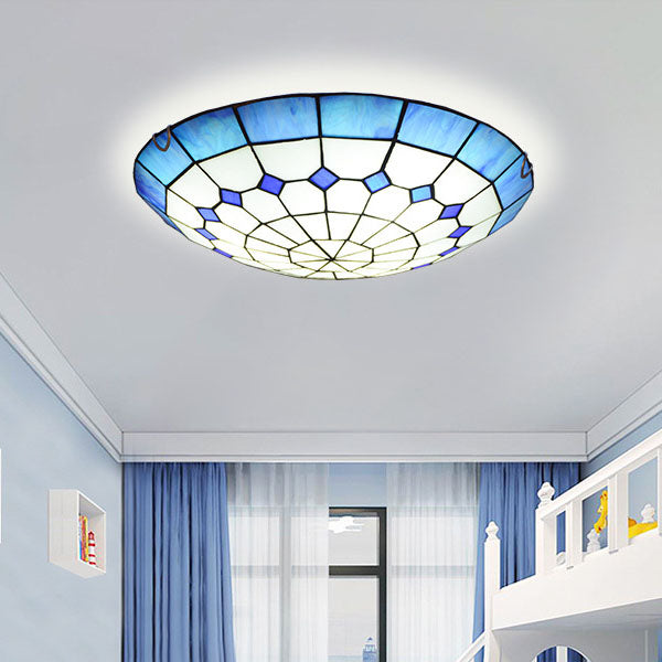 Traditional Tiffany Mediterranean Stained Glass Dome 2-Light Flush Mount Ceiling Light For Hallway