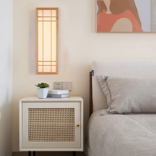 Traditional Japanese Rectangle Solid Wood Acrylic LED Wall Sconce Lamp For Bedroom - Image 3
