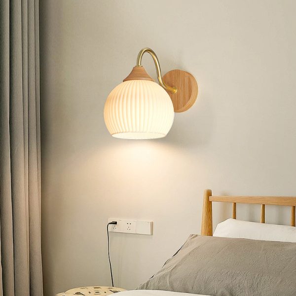 Nordic Striped Glass Round Log Wood 1-Light Wall Sconce Lamp - Image 24