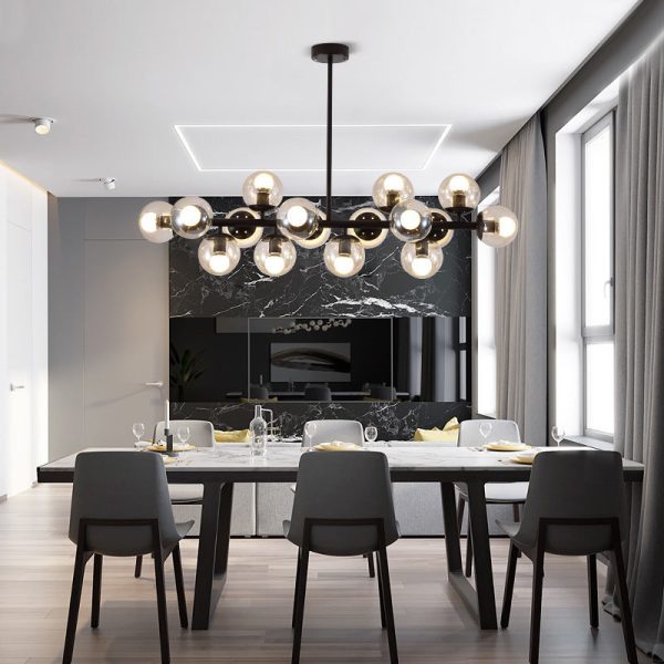 Contemporary Scandinavian Long Round Globe Iron Glass 16-Light Island Light Chandelier For Dining Room - Image 2