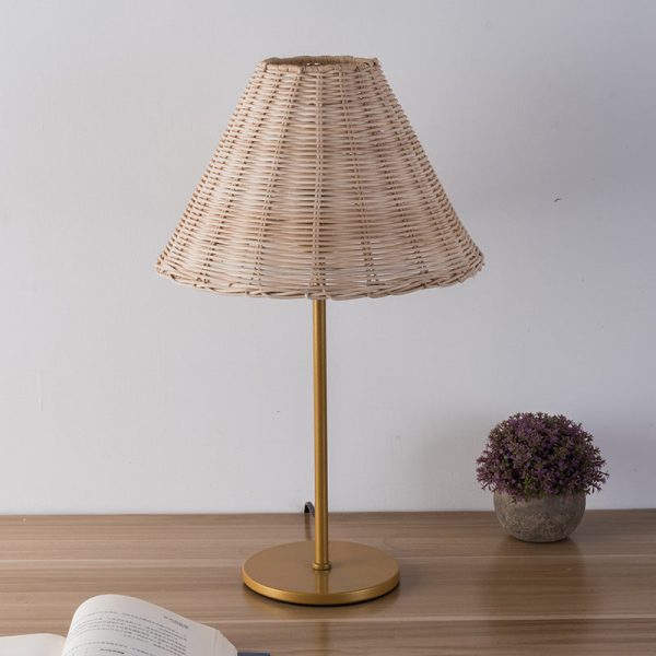 Contemporary Boho Round Trapezoidal Cylinder Base Rattan Metal 1-Light Table Lamp For Bedroom - Image 11