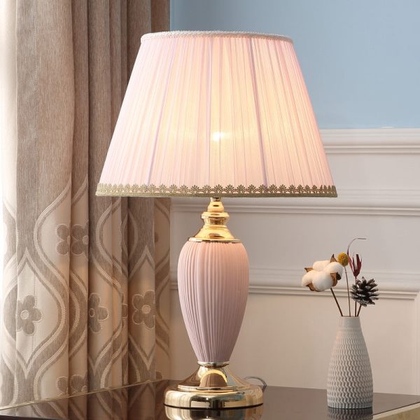 Traditional European Pleated Fabric Shade Ceramic Column Base 1-Light Table Lamp For Study - Image 11