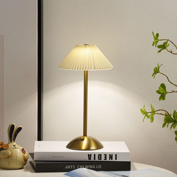 Contemporary Scandinavian Rechargeable Iron Fabric Conic Pleated 1-Light Table Lamp For Bedside - Image 3