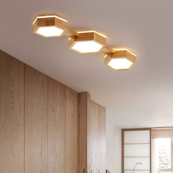 Modern Simple Wooden Hexagonal Geometry LED Flush Mount Ceiling Light - Image 22