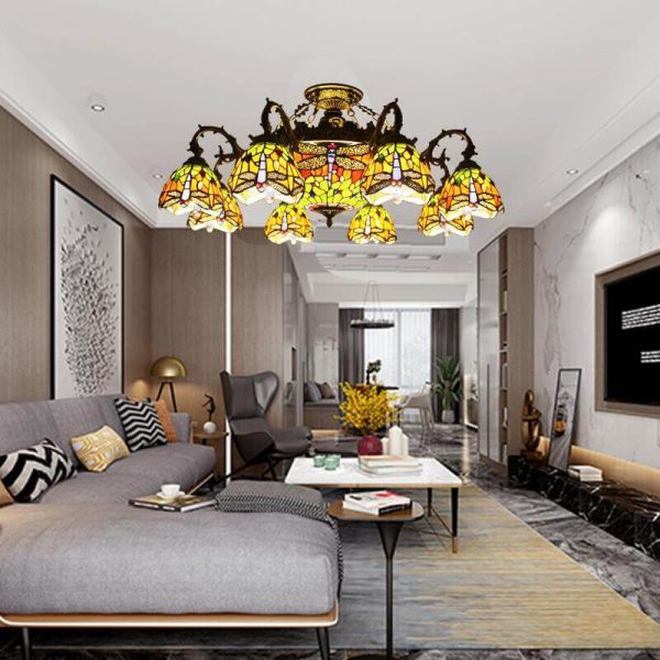 Tiffany Retro Beige Baroque Stained Glass 11-Light Semi-Flush Mount Ceiling Light - Image 8