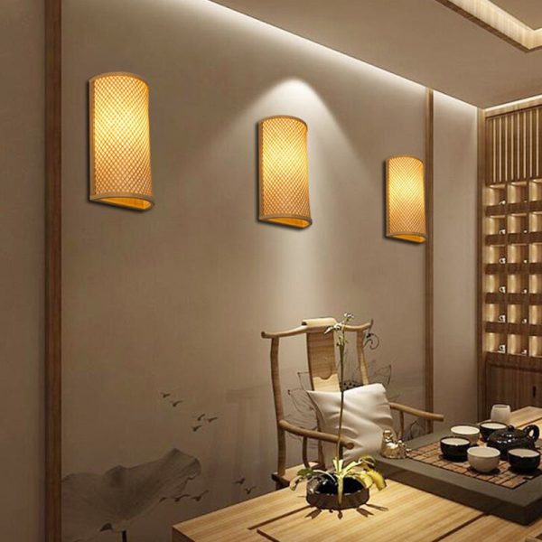 Traditional Japanese Weaving Semicircular Cylinder Bamboo 2-Light Wall Sconce Lamp For Bedside - Image 2