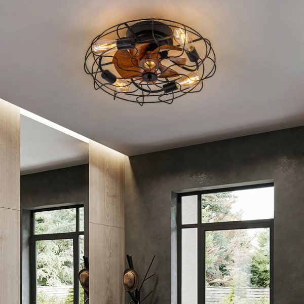 Industrial Vintage Wood Grain Drum Cage Design 3-Light Flush Mount Ceiling Fan Light - Image 3