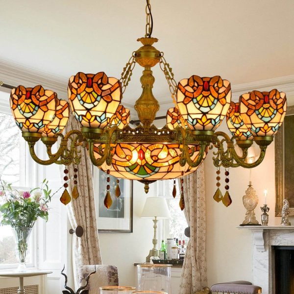 Traditional Tiffany Bead Dome Baroque Iron Glass Alloy 8/11 Light Chandeliers For Living Room - Image 2