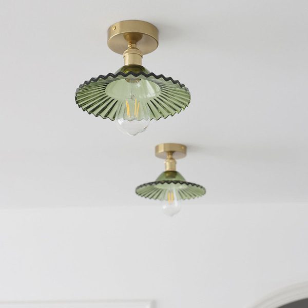 Japanese Vintage Glass Brass Lotus 1-Light Semi-Flush Mount Ceiling Light - Image 12