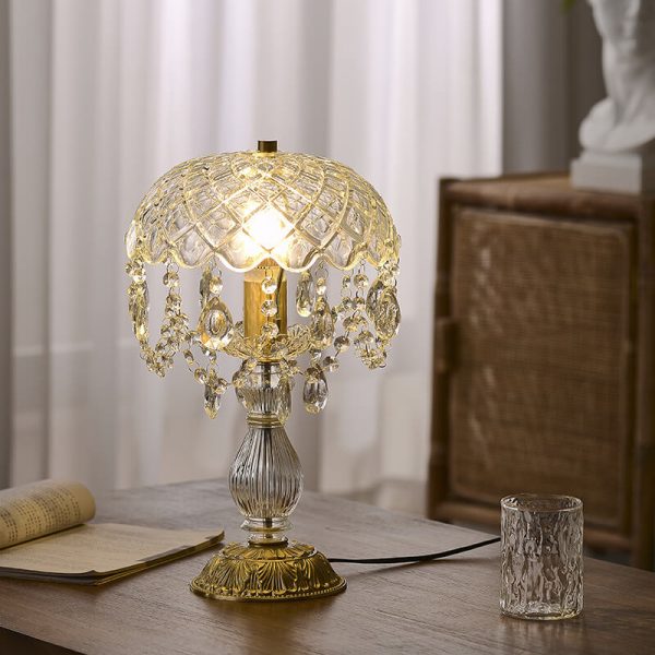 French Luxury Clear Crystal Round Tassel Copper 1-Light Table Lamp - Image 9
