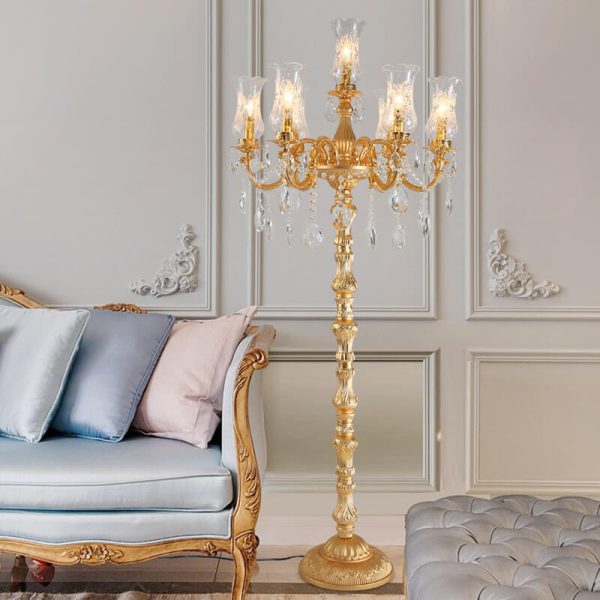European Luxury Golden Crystal Zinc Alloy Candle Holder 7-Light Standing Floor Lamp - Image 2