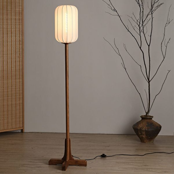 Japanese Zen Rosewood Base Silk Lantern Shade 1-Light Standing Floor Lamp - Image 9