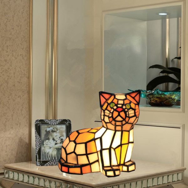 Traditional Tiffany Stained Glass Cat 1-Light Table Lamp For Bedroom - Image 13