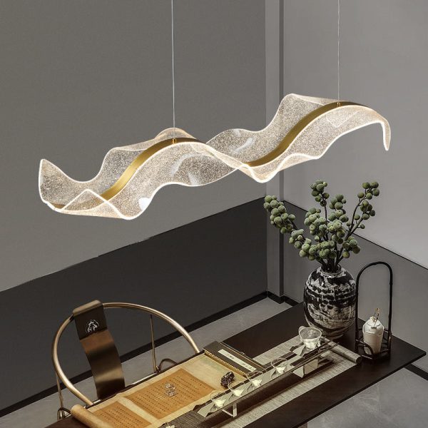 Contemporary Creative Rectangle Wave Ribbon Hardware Acrylic LED Island Light Chandelier For Dining Room - Image 16